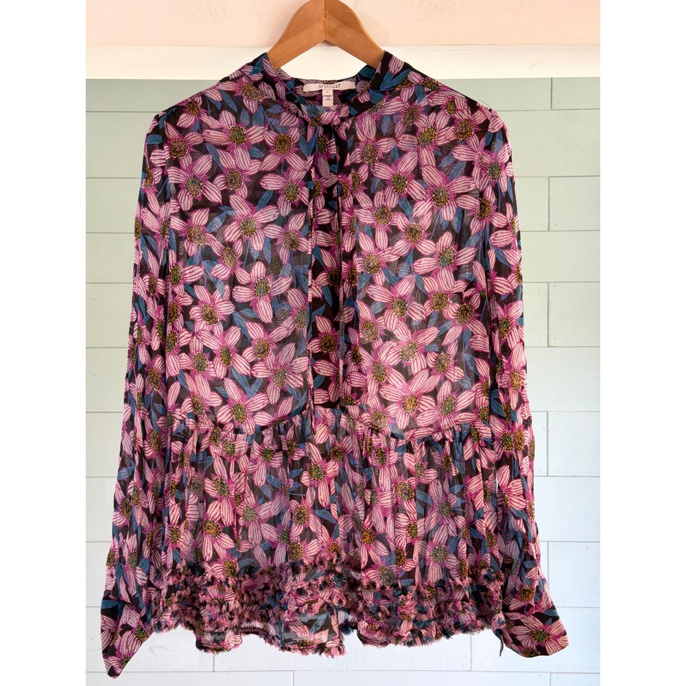 Derek Lam 10 Crosby Floral Tie Neck Peplum Blouse Pink Purple Fringe Size 4